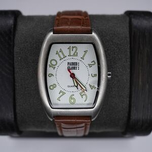 Faded Glory Men’s Tonneau Watch White Dial Brown Leather Strap Quartz